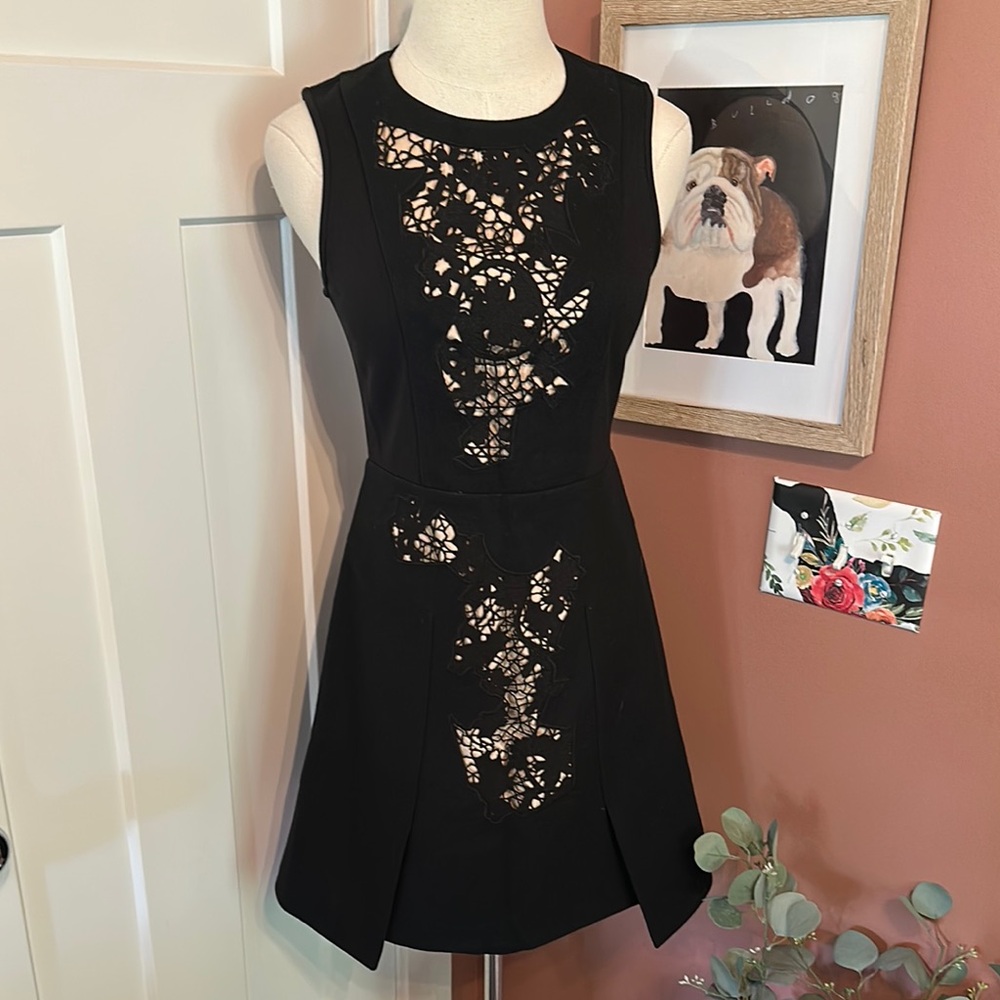 Tibi sleeveless cutout appliqués lined mini fit & flare wool blend Black 2 Dress